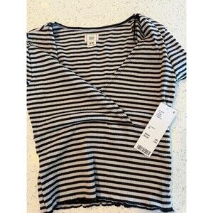 BDG Black White Striped Knit V-Neck Lettuce Hem Top Short Sleeve M